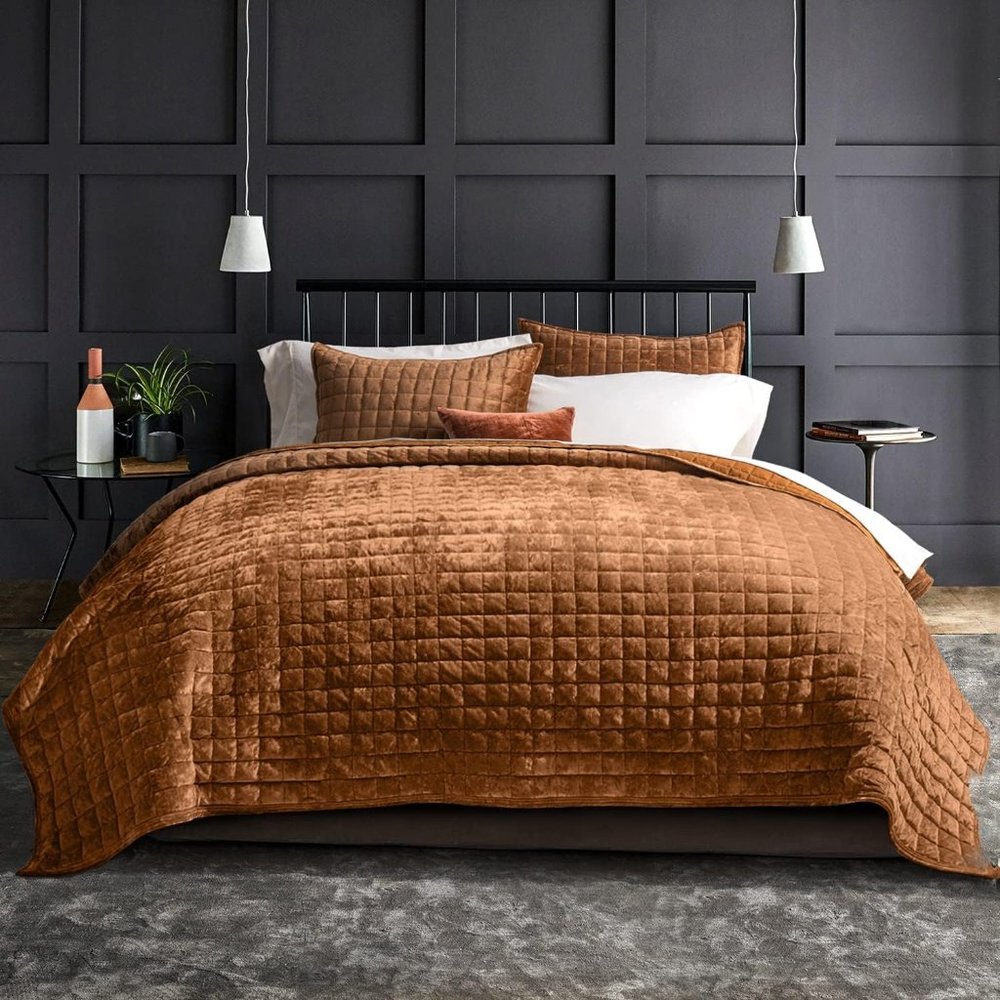 Rust Orange Soft Quilted Squares Velvet Bedding Set King Size Bed Quilt Shams